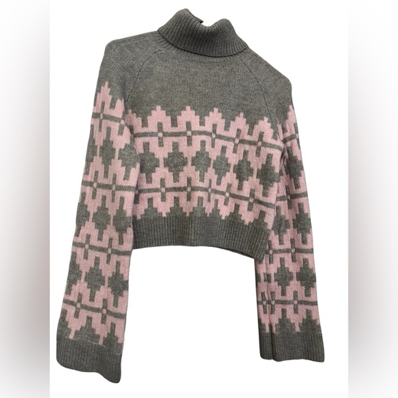 H & M Jacquard-Knit Turtleneck Cropped Sweater Pink Gray Patterned Women's Sz XS - Picture 6 of 9
